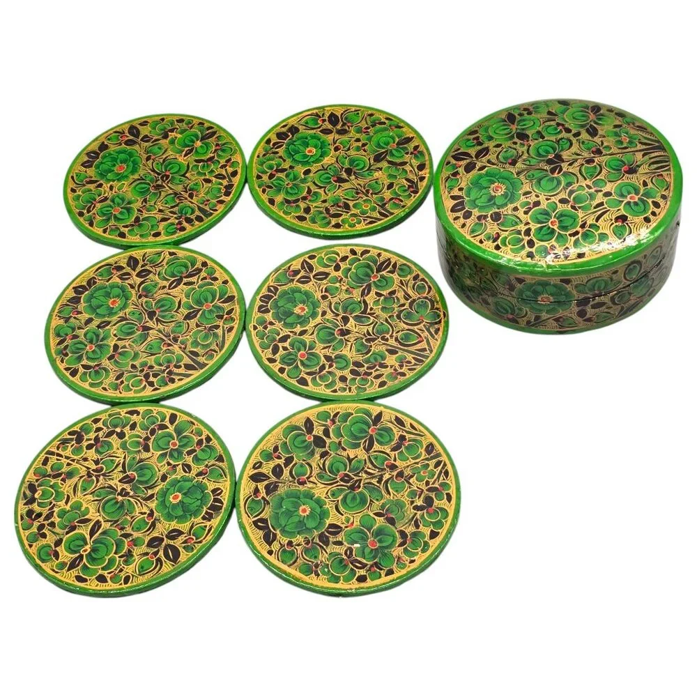 Paper Mache Green Floral Coaster Set Of 6 Storage Box Lacquered‎ Hand Painted